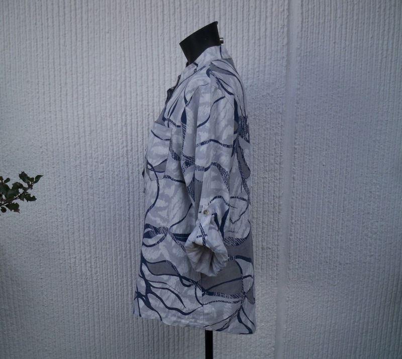 Grå Vit Mönstrad Linneblus Med Lång Ärm