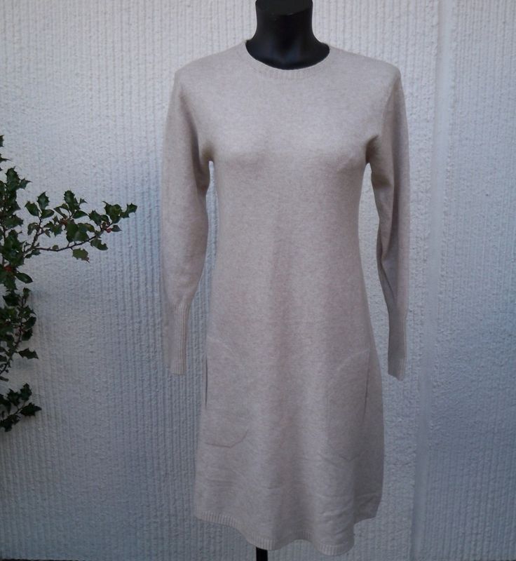 Naturbeige Stickad Klänning med lång ärm