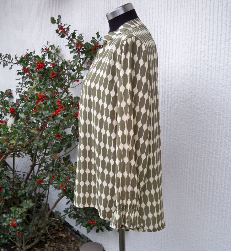 Olivgrön Beige Mönstrad Blus Lång Ärm