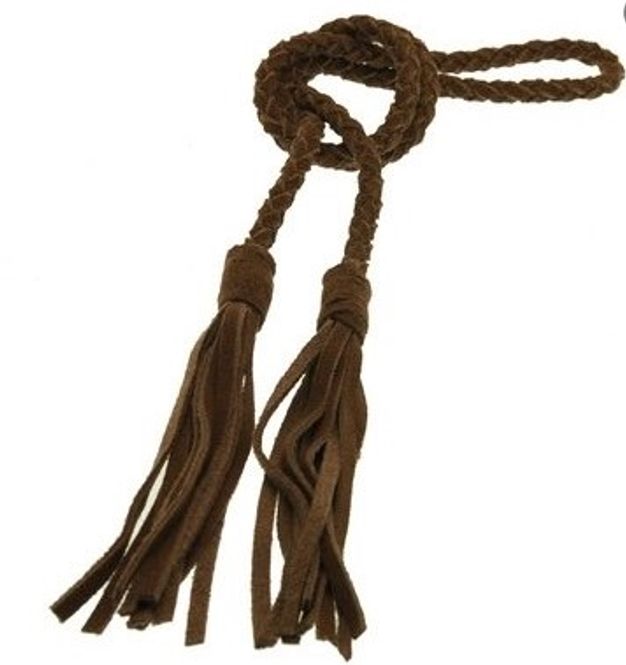 Huvudbild Ljusbrunt flätat läderskärp med tofsar