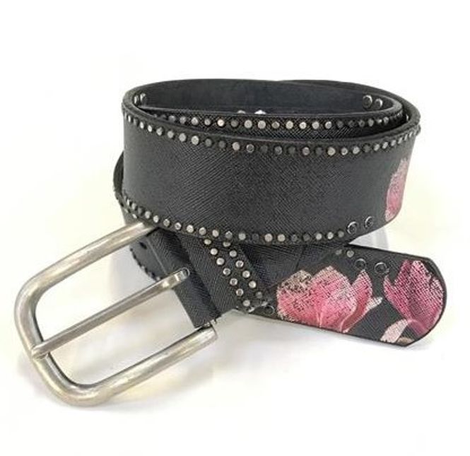 Huvudbild Grått läderbälte med blommor