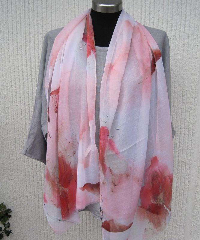 Rosa Mönstrad Tunn Scarf Viskos Silke